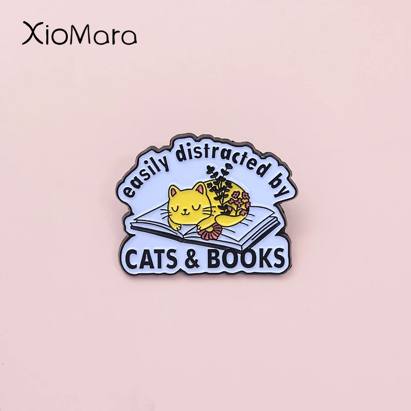 Easily Distracted By Cats And Books Enamel Pin Cute Leisurely Bookworm Kitty Animal Brooches Backpack Lapel Badge Jewelry Gift