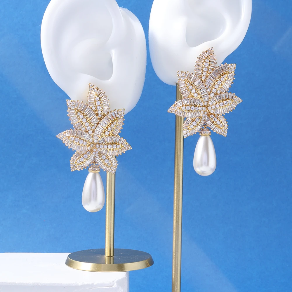 TIRIM Pearl Earrings for Women Luxury Trendy Gift Leaf Shape Cubic Zircon Banquet Nigeria Jewelry  Earrings Accessories