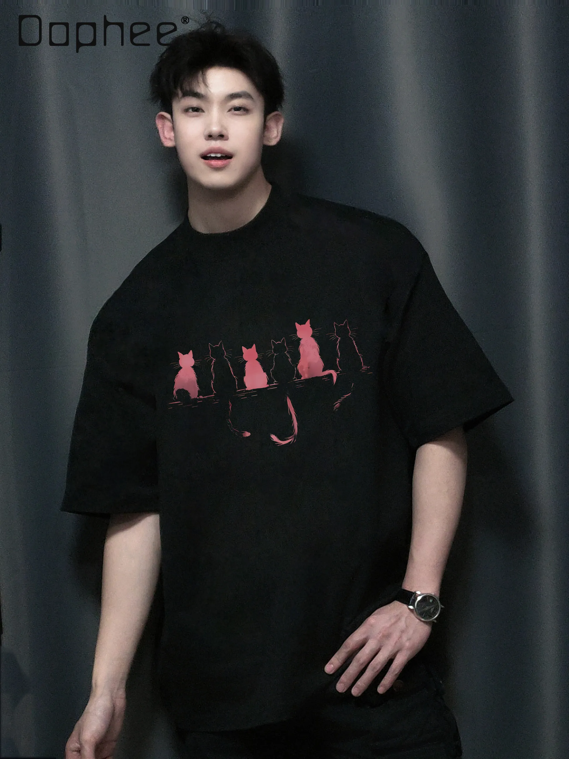 

2026 Summer New American Dark High Street Style Men's Black Cat Print Loose Casual Round Neck Short Sleeve T-shirt