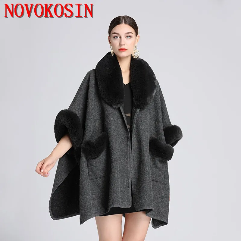 8 Colors Women Big Turn-down Faux Rabbit Fur Neck Outstreet Wear Winter Warm Thick Cardigan Long Cloak Loose Coat With Pocket