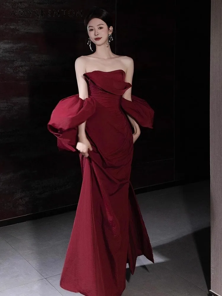 2025 French Satin High-End Design Strapless Toasting Wedding Engagement Red Banquet Host Evening Dress Slim Long Dress