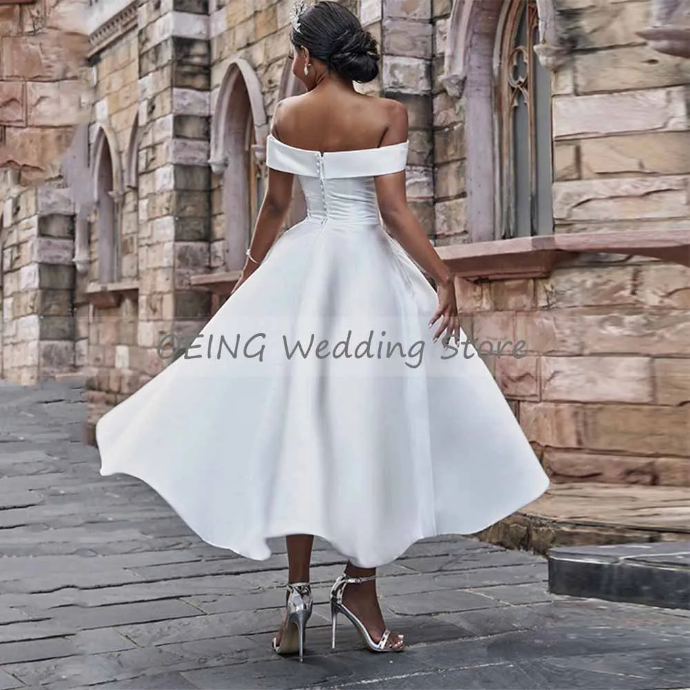 Short Wedding Dress 2023 Satin Off Shoulder V Neck A Line Wedding Gown for Women Bride White Sleeveles Midi Bridal Dress Simple