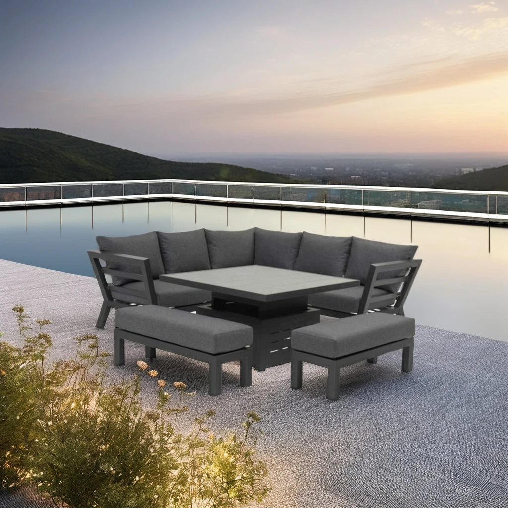 

L-Shaped Corner Sofa Set with Height-Adjustable Table Aluminum Garden Patio Outdoor Aluminum Sectional Corner Sofa Furniture Set