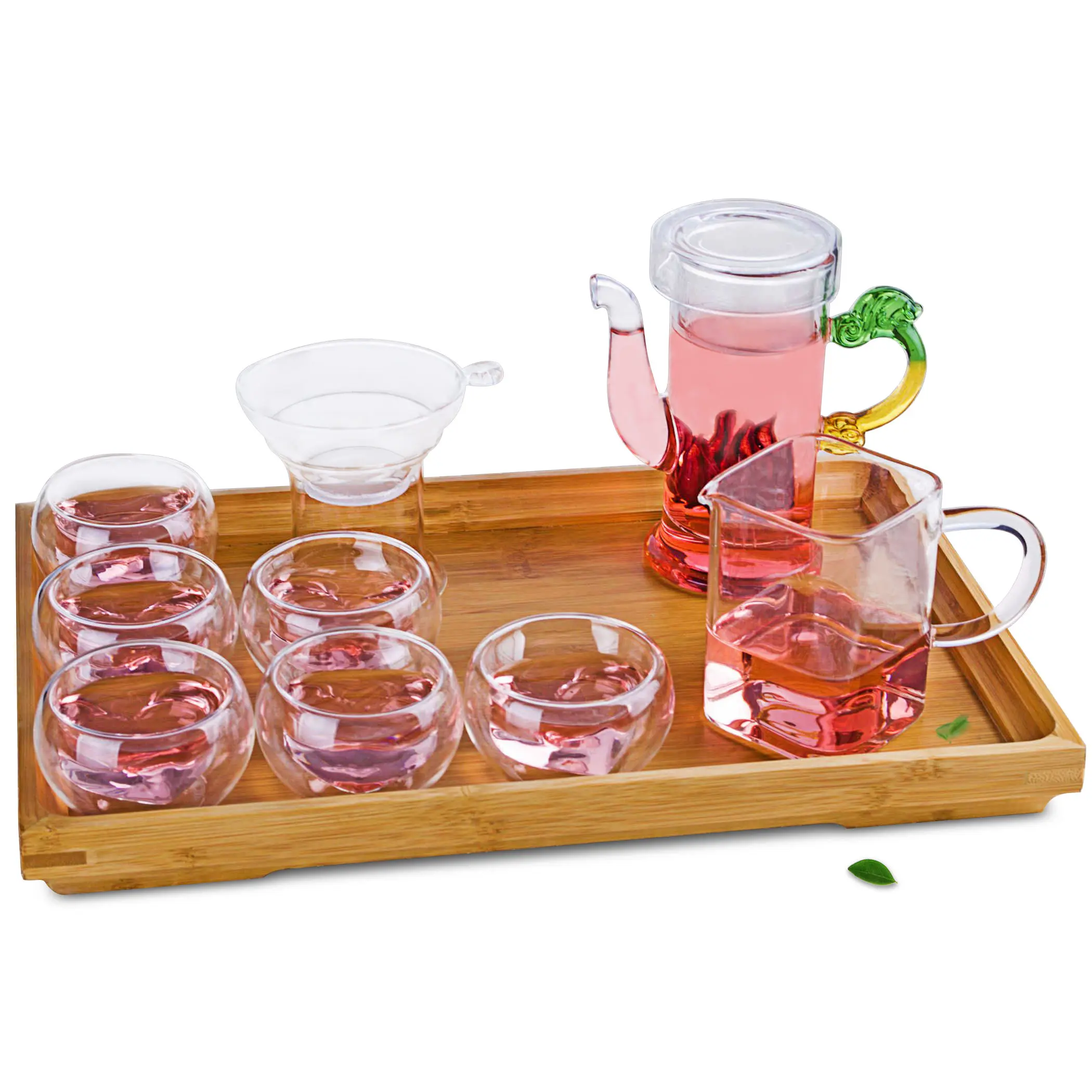 

10in1 China Kung fu Tea Set -220ml Dragon-shaped Handle Ear Glass Tea Pot+Strainer+Pitcher+6x Double Wall Cups +Bamboo Tray