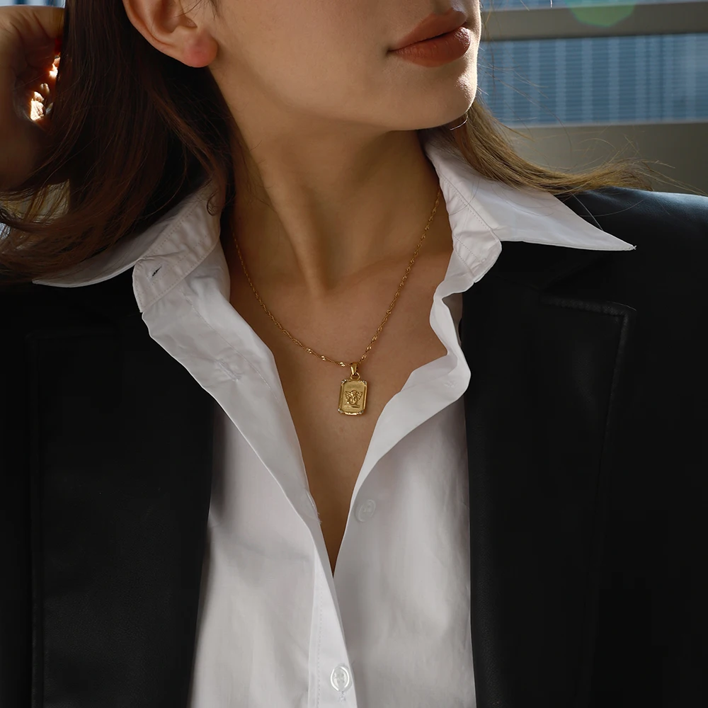 

AIKOER Stainless Steel 18K Gold Color Plated Angel Necklace Square Brand Angel Pendant Necklace Women's Chain Necklace Women's J