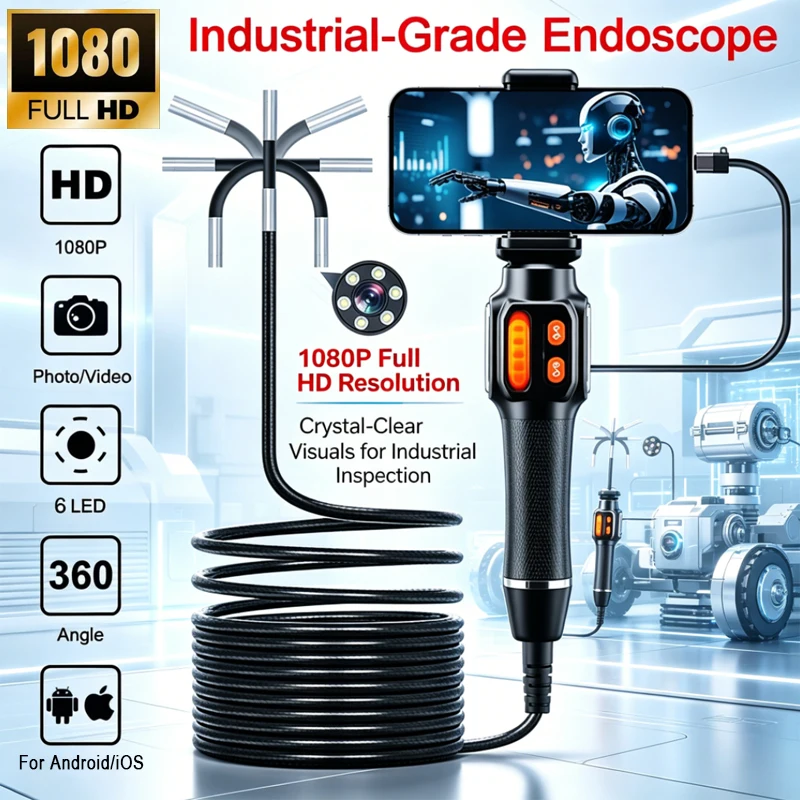 

360°Articulating 6mm Endoscope Camera 1080 HD Car Inspection With 2 Way Articulation Industrial Endoscope IP67 For IOS Android
