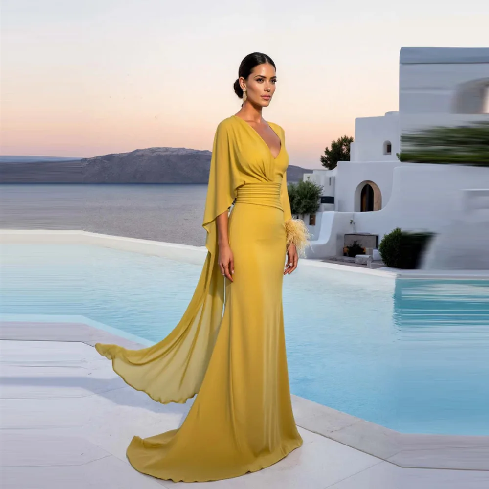 

Trendy Feathers Mother of The Bride Dress V Neck Full Mermaid Formal Party Gowns Robe De Soiree Femme Customized
