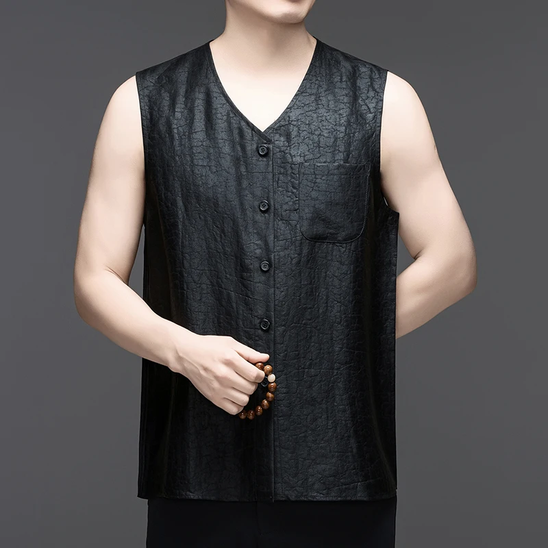 Sleeveless Cardigan V-Neck T Shirt For Men Premium Real Silk 100% Summer Quality Lightweight Loose Fit Black Camisetas De Hombre