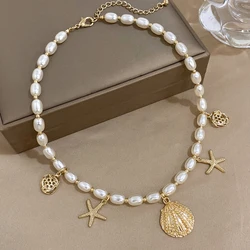 Greatera Trendy Starfish Shell Charms Imitation Pearl Chain Choker Necklaces for Women Statement Party Jewelry Gifts