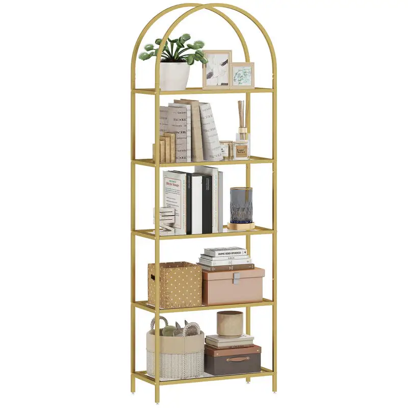 Étagère bibliothèque en verre à 5 niveaux Arqué pour salon, bureau, chambre, 60 x 30 x 175 cm, doré