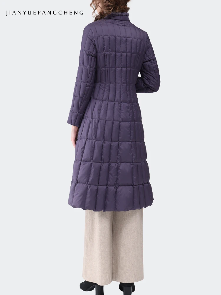 Vintage Embroidered Purple Long Down Dress Women Winter New High Waist A-line Warm Thickended White Duck Down Puffer Coats