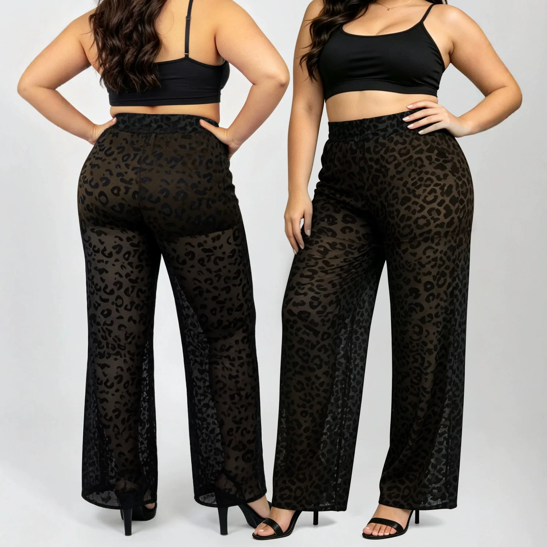 Women Plus Size Leopard Mesh Wide Leg Pants Elastic Waist With Safety Shorts Sheer Casual Trousers