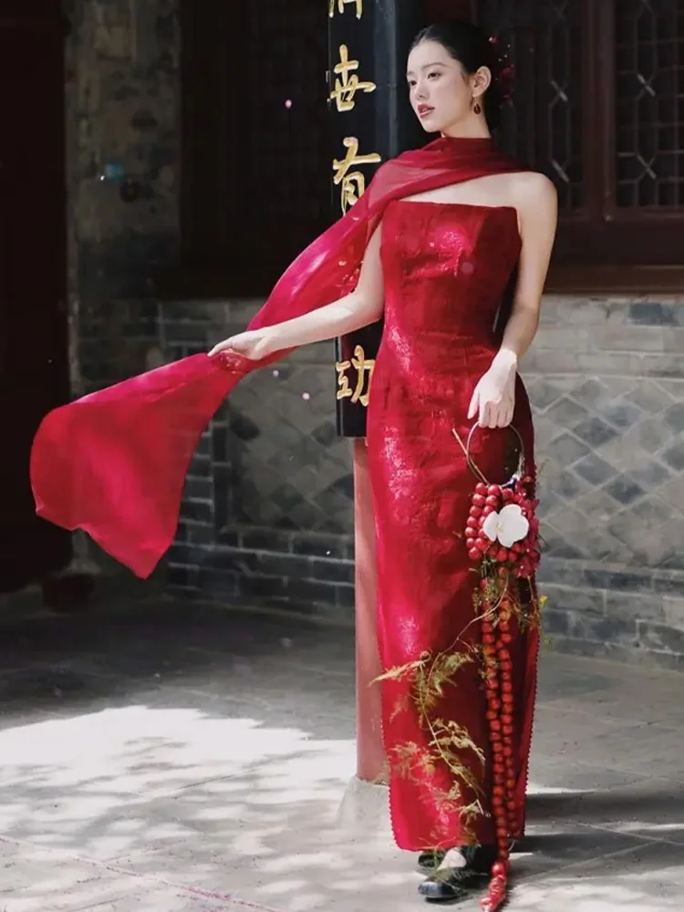 

Ele Red Bridal Dr with Strap High Waist Slim Fit for Wedding Engagement Par Date Cany Dinner Celebration