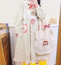 Autumn Sweet Corduroy Patchwork Lace Kawaii Long Dress Women Vintage Retro Chic Cottagecore Goblincore Lolita Evening Midi Dress