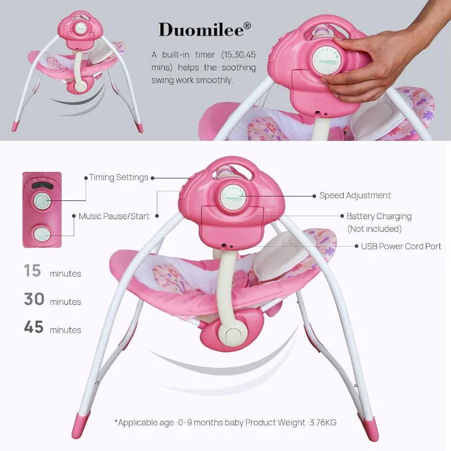Electric Baby Swing for Infants 0-9 Months 6-25 lbs Powered by Power Cord and Batteries Indoor Outdoor Use Easy-Fold Design Sof