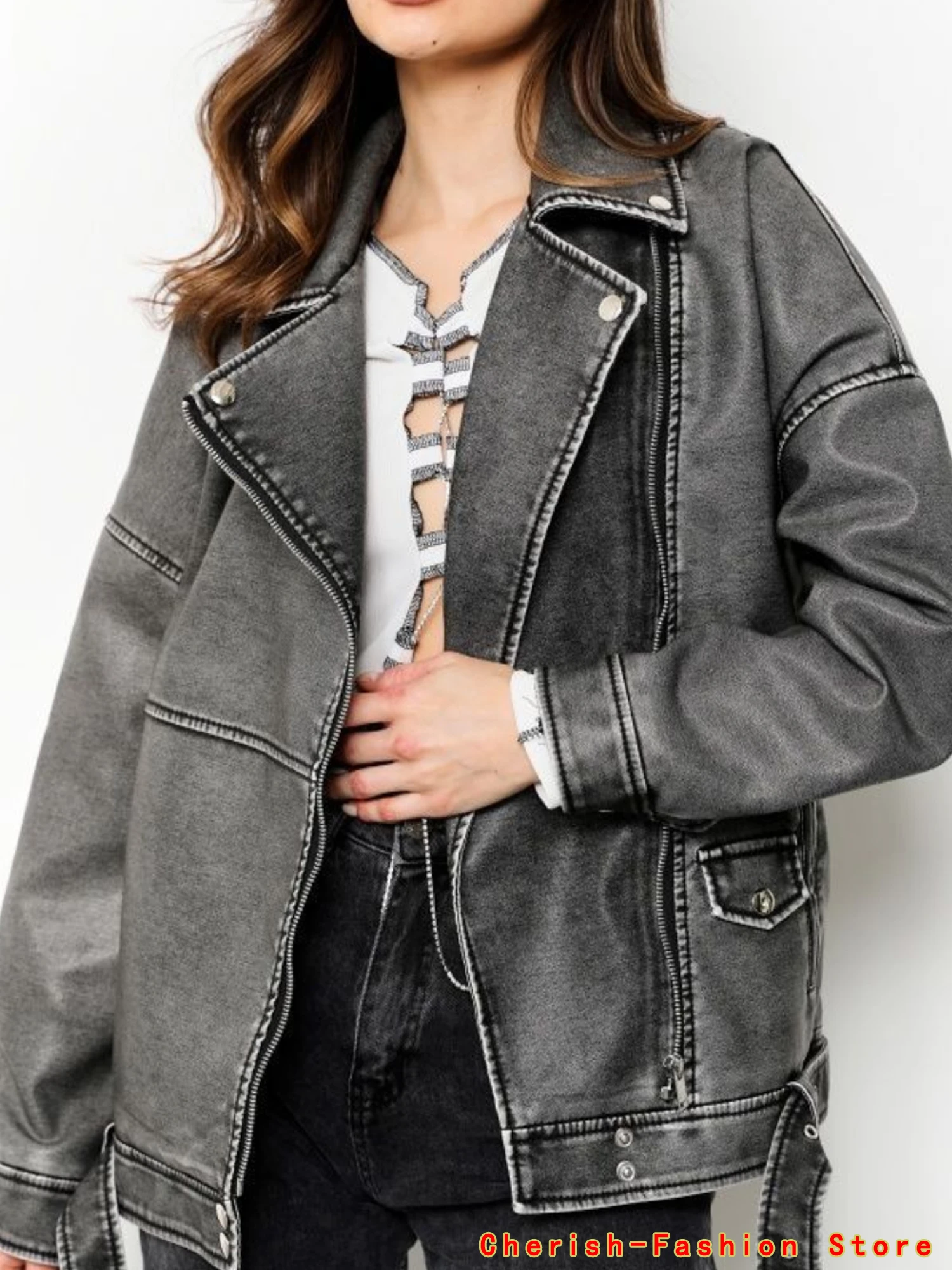 Chaqueta de piel sintética de PU para mujer, fajas sueltas, chaquetas de motorista informales, prendas de vestir femeninas, Tops de estilo BF, chaqueta de cuero negro, abrigo azul y gris