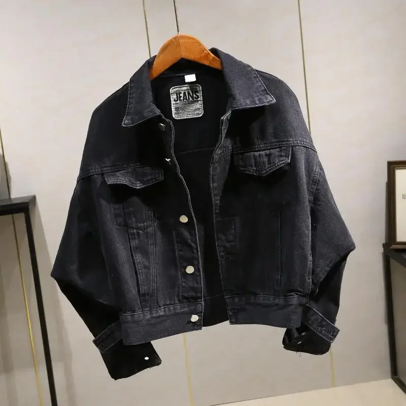 Spring Autumn Korean Style Loose-fit Denim Jacket Women's Versatile Batwing Sleeve Black Denim Cl Jacket Short Top Trendy