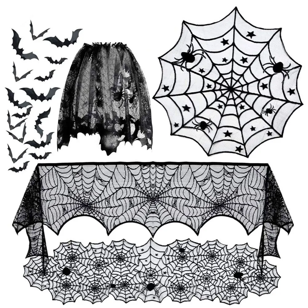 Halloween Decoration Lace Spider Web Skull Skeleton Tablecloth Black Runner Fireplace Mantel Scarf Lampshade Party Horror Props