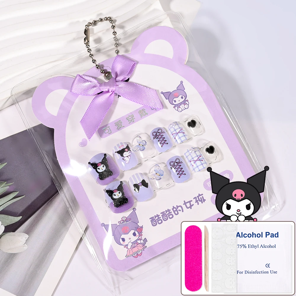 Kawaii Kuromi Press On Nails( With Jelly Glue) For Girl 12Tips Children Fake Nails For Festival Gift Detachable False Nail Tips#