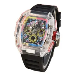 New high-end fashion trend quartz watch for men, transparent and colorful wine barrel shaped men's watch