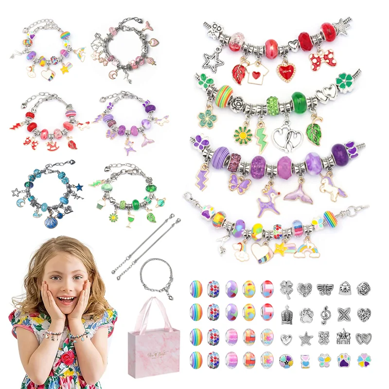 64Pcs DIY Charm Bracelet Necklaces Jewerly Making Kit Toy Alloy Colorful Beads for Girls Christmas Gift Toy Handmade Arts Crafts