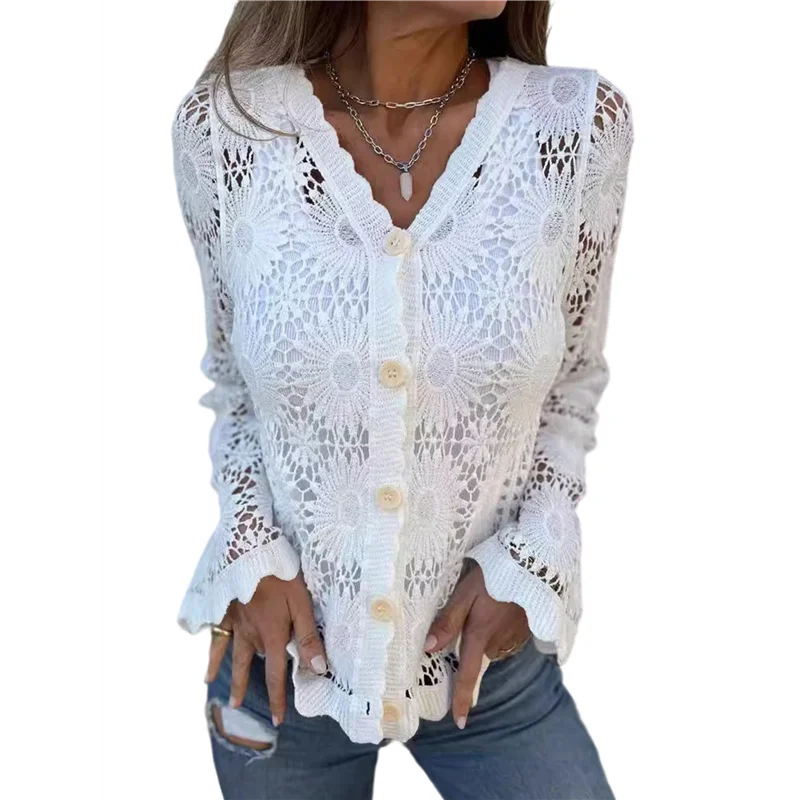 

ASDS-Cutout Embroidered V-Neck Button Long Sleeve Top, Hollow Half Sleeve Cardigan