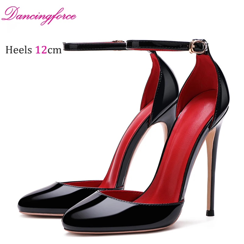 10cm 12cm Luxury Black Patent Leather Ankle Strap Stiletto Ladies Pumps Round Toe Sexy High Heel Shoes Women