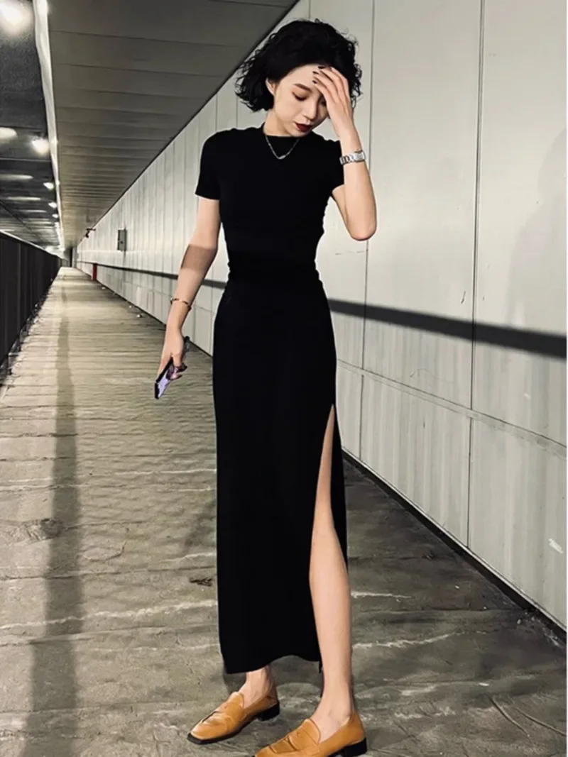 MiiiiX Office Lady Elegant Style Two Side Vents Dress Women's 2024 Summer Slim Design O-neck Long Cheongsam Dress Female Clothes