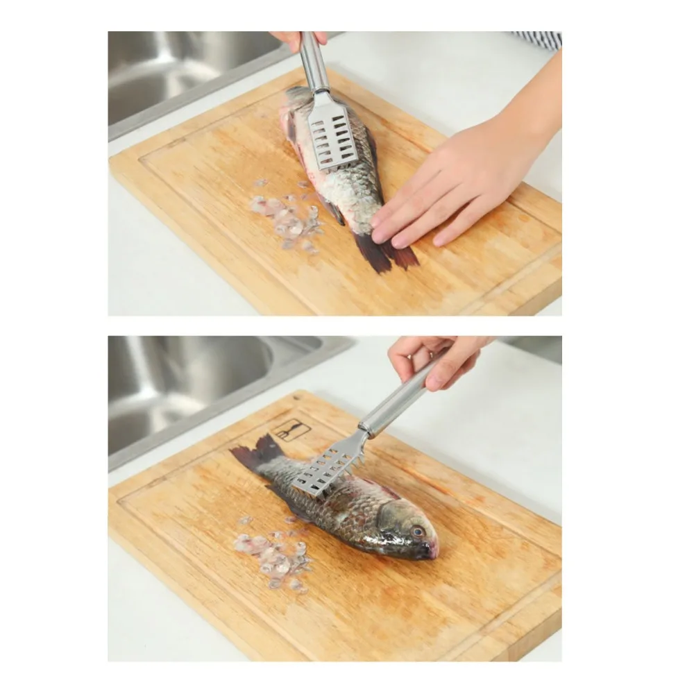 Stainless Steel Fish Scale Remover Handheld Serrated Sawtooth Fish Descaler Tool Portable Silver Fish Skin Scraper Home Kitchen
