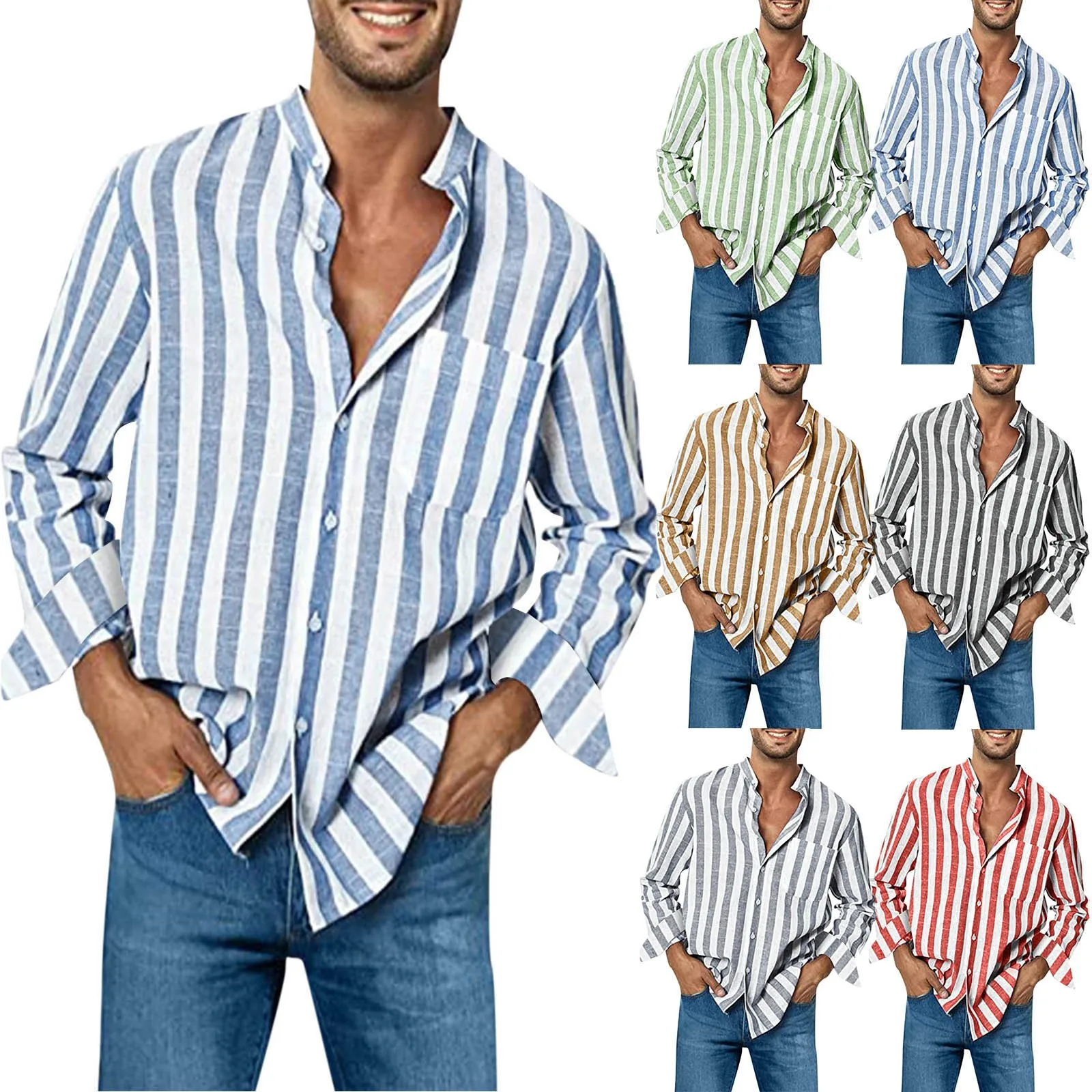 Plus Size Men Shirt Long Sleeve Loose High Elasticity Casual Dress-up Stripe Printing Striped Shirts Casual Linen Buckle Top