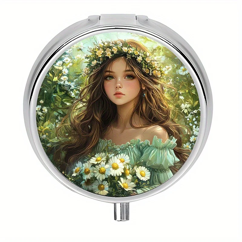 Single pack, flat circular three-compartment pill box, designed with a floral fairy pattern, portable pill storage box, colorful artistic design, can be used as a practical gift, made of durable metal and plastic materials