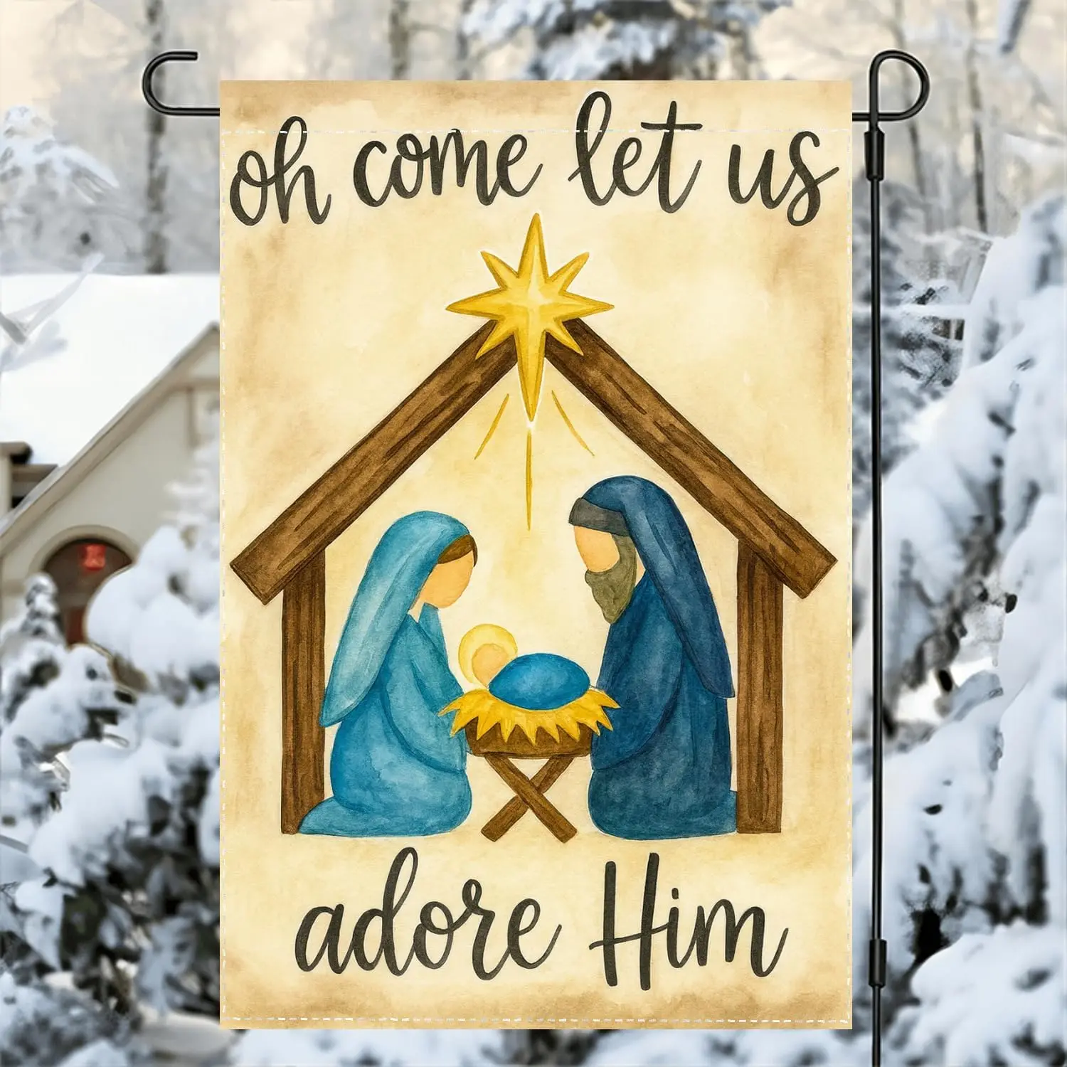 Oh Come Let Us Adore Him Garden Flag – 12x18 Inch Nativity Scene Christmas Yard Banner – Double Sided Outdoor Religious Flag LLX