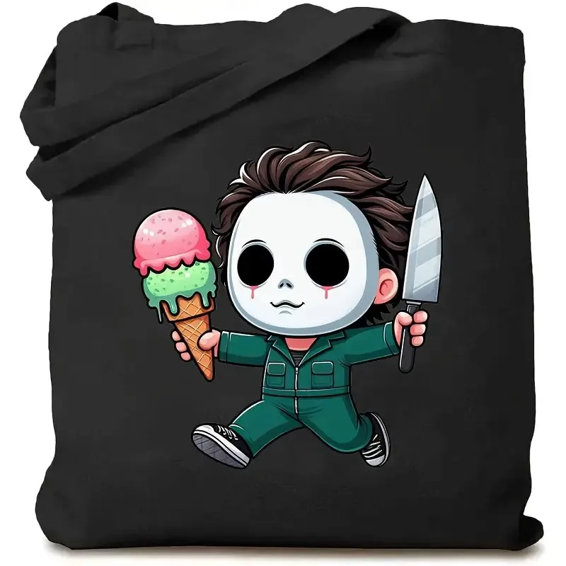 

Large Funny Killer Michael Myers Print Tote Bag Spacious Shoulder Bag Black Horror Movie Theme for Shopping, Halloween Purse