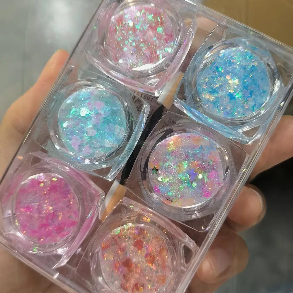 6個入り クリスマス フェイス アイ ネイル グリッター スパンコール ミックス ハート スター バタフライ 六角形 フレーク アイシャドウ ボディ ネイルアート デコレーション用