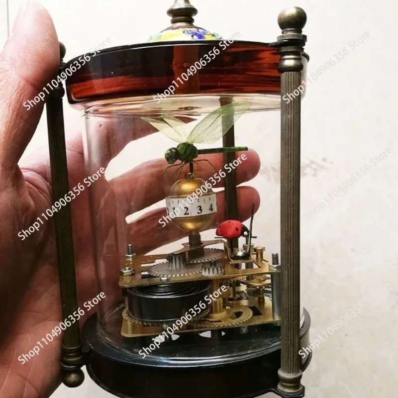 Antique Mechanical Table Clock, Vintage Fun Ornament Clock with Mechanical Bird Movement, Glass Dome Decorative Clock