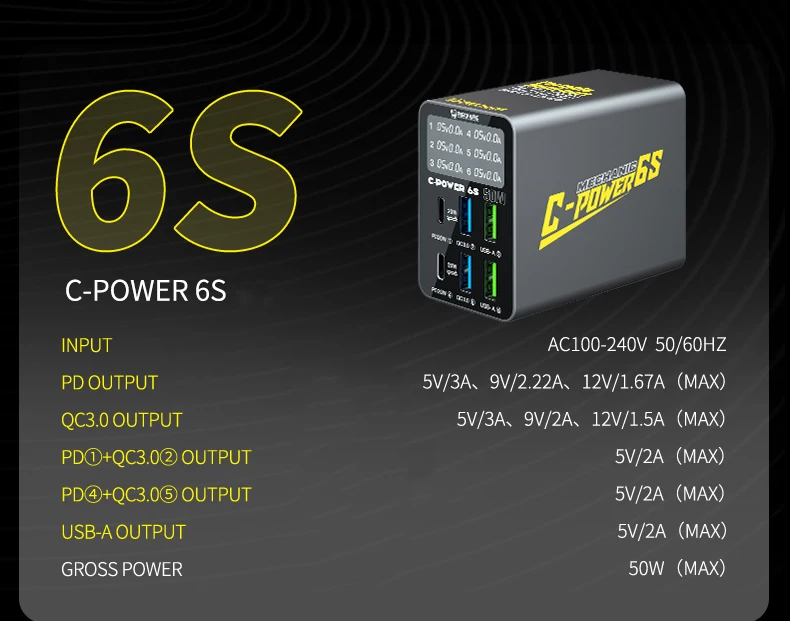 MECHANIC C-Power 6-poorts USB-snellader, multi-poort oplaadstation met digitaal display, desktoplader voor mobiele telefoons en tablets
