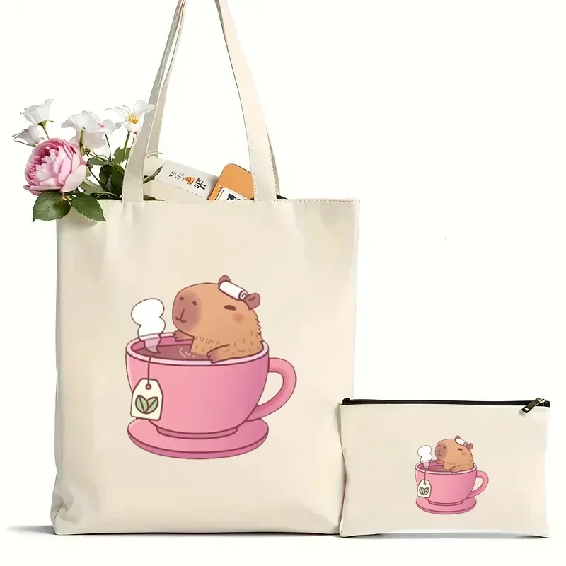 Cute Capybara Canvas Bag for Women Shopper Handbags Environmental Storage Reusable Shoulder Tote Bag Cartoon Capybara Hand Bag