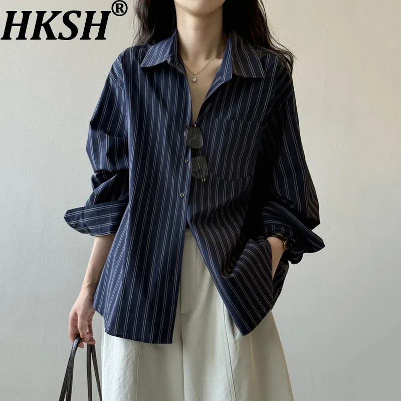 

HKSH Spring Autumn New Woman Shirt Striped Long Sleeve Single Breasted Pocket Turn-down Collar Casual Tide Cotton Blouse HK13662