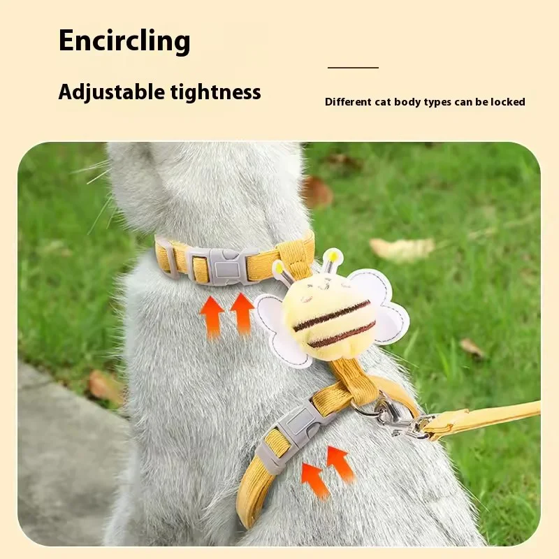 Adjustable Cartoon Bee Cat Harness Leash Collar Set For Small Medium Dogs - Double Layer Outdoor Walking Pet Harness With Collar