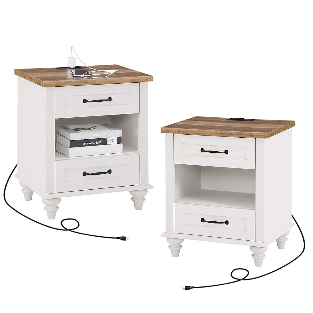 

Set Of 2 Nightstands With Charging Station Side Table With Two Drawers & Open Shelf, Mid- Modern Bedside Tables End Table With