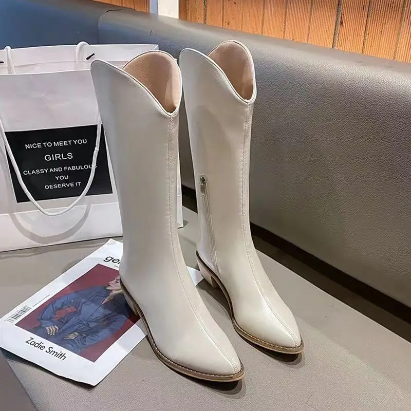 2021 New INS Women Beige High Heels Wedges Long Boots Lady Riding Cowboy Boots Winter Designer Pointed Toe Knee Thigh High Boots