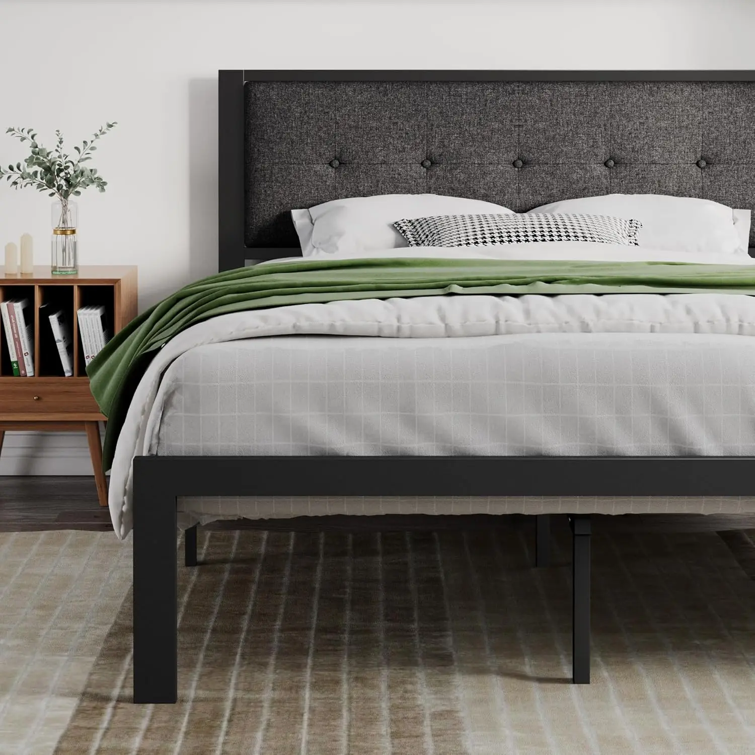 

Size Metal Platform Bed Frame with Upholstered Button Tufted Headboard, Easy Assembly, Dark Grey