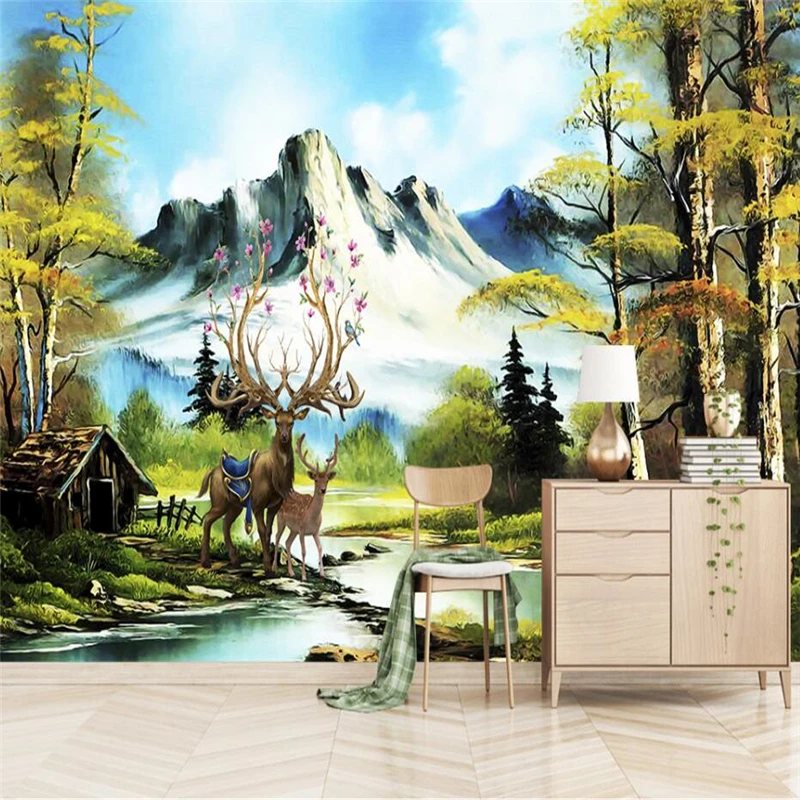 Customized products European 3d Landscape Mountain Elk Forest Landscape Oil Painting Mural Green Wallpaper bedroom restaurant 8d