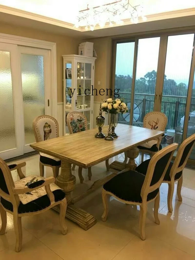 American-Style Solid Wood Dining  and Chairs Set Creative Log Light Luxury Distressed Dining Table Home Negotiation