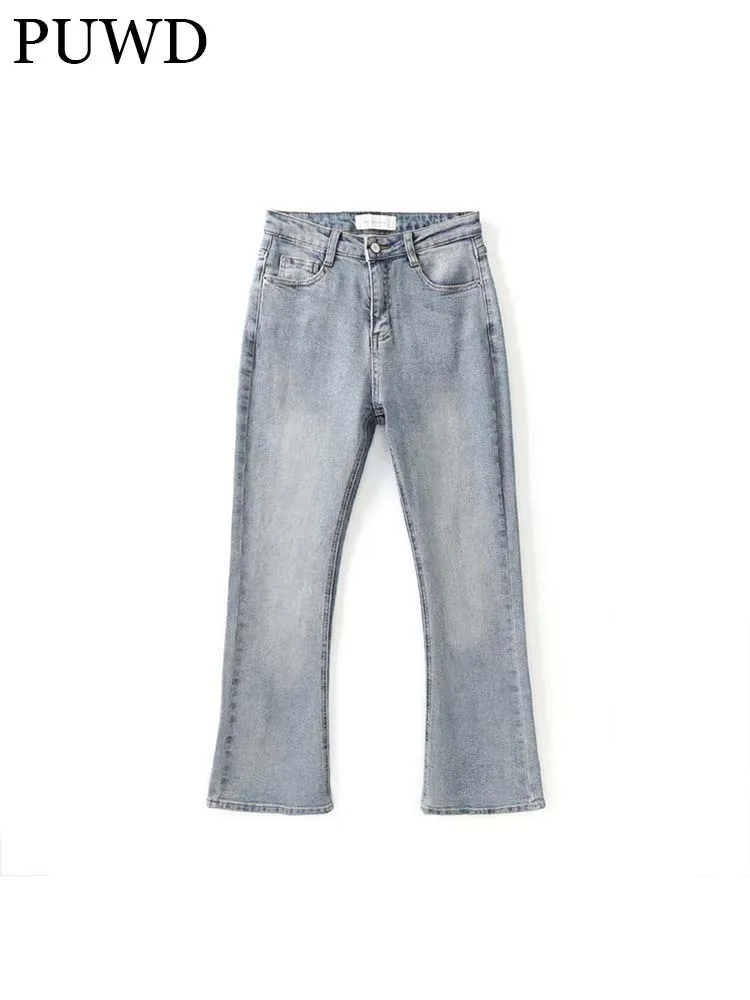 

PUWD Vintage Girls Denim Pants 2022 Spring-Autumn Fashion Ladies High Waist Bell-bottoms Trousers Elegant Women Slim Blue Jeans