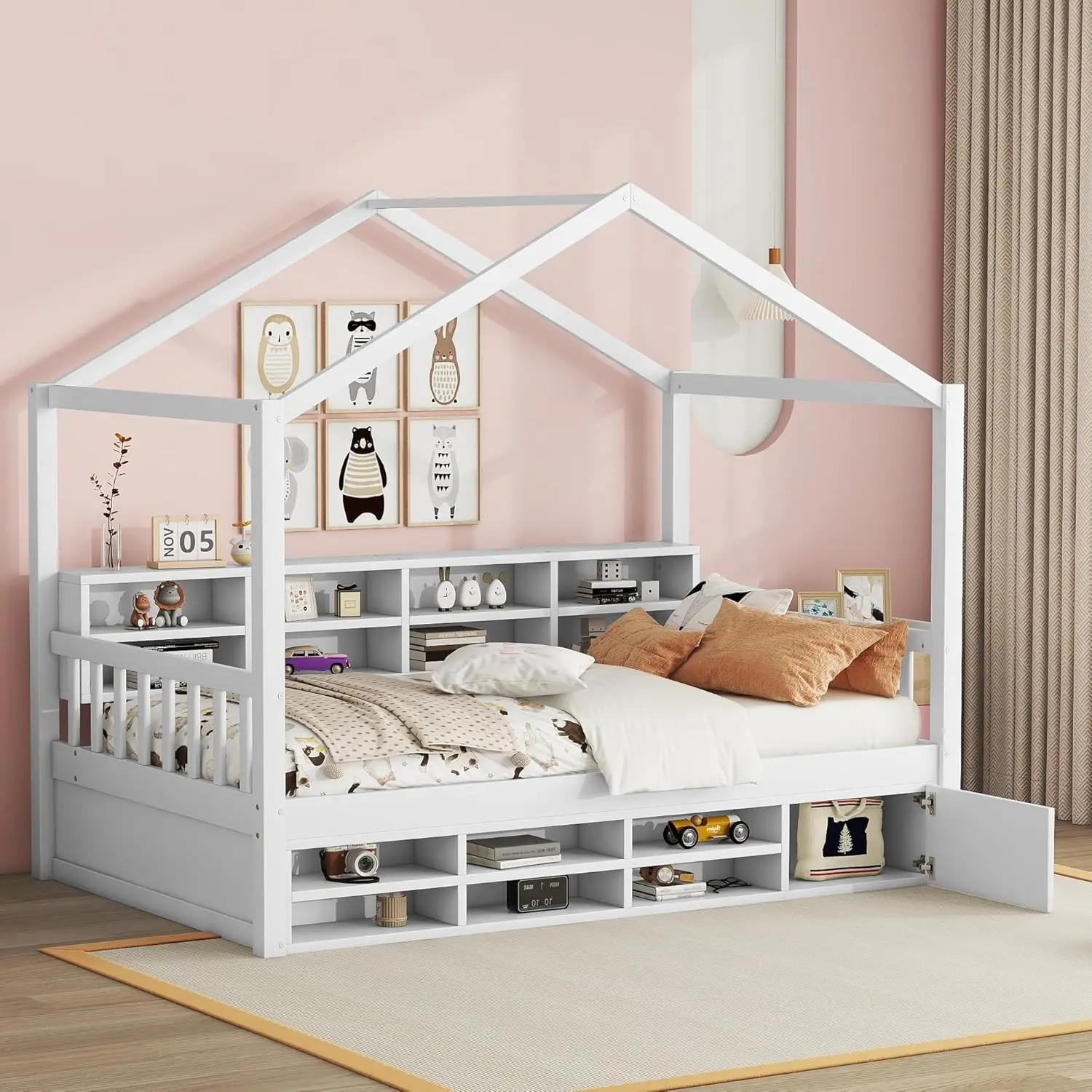 

Twin Size House Bed With Shelves And Storage Cabinet,Wooden Bed Frame With Roof And Slat Support For Girls Boys,White