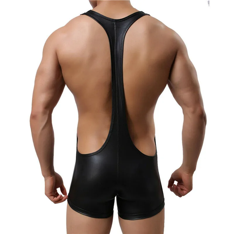 Mens Sexy Faux Leather Bodysuit One-Piece Jockstrap Leotard Catsuit Wrestling Singlet Black PU Jumpsuit Clubwear PVC Wet Look