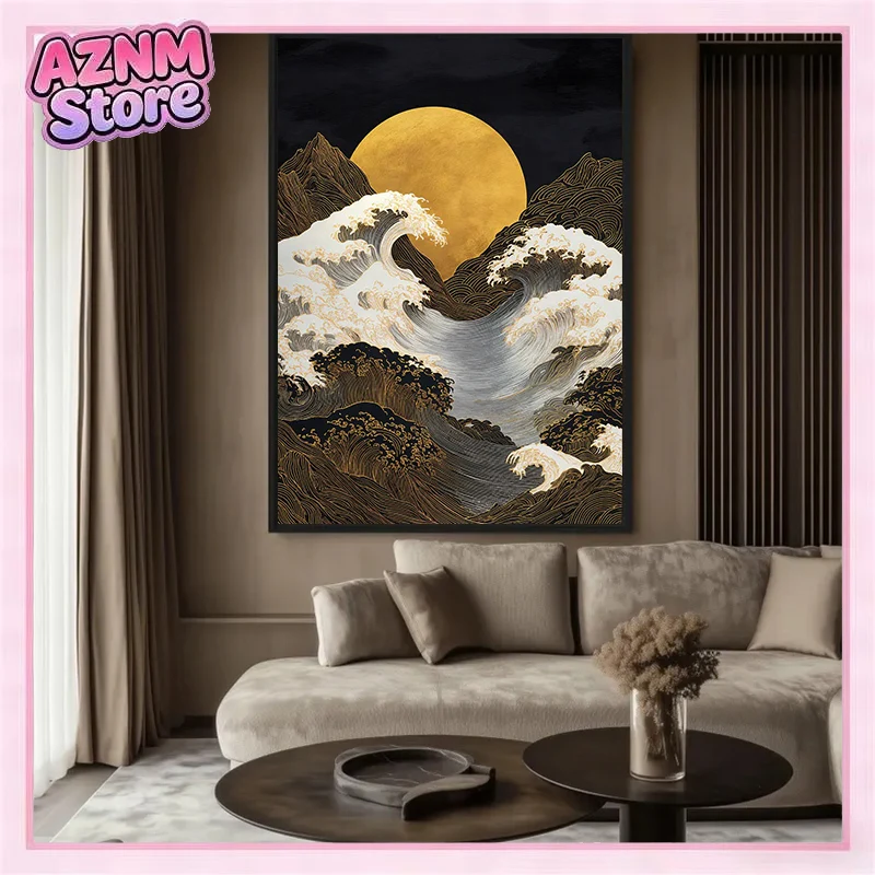 Golden Waterfall Landscape with Full Moon Mountain Wave Poster Canvas Painting Print Wall Art Picture for Living Room Home De