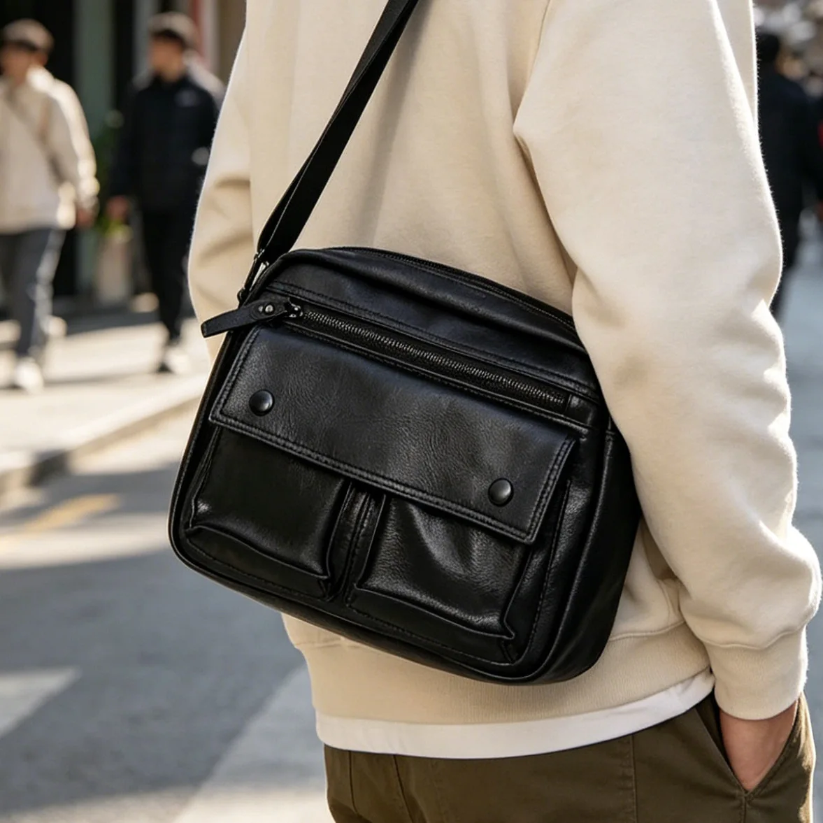 Men’s Crossbody Bag Lightweight PU Leather Sling Bag Multi-Pocket Adjustable Strap Casual for School Commute Outdoor Daily Use