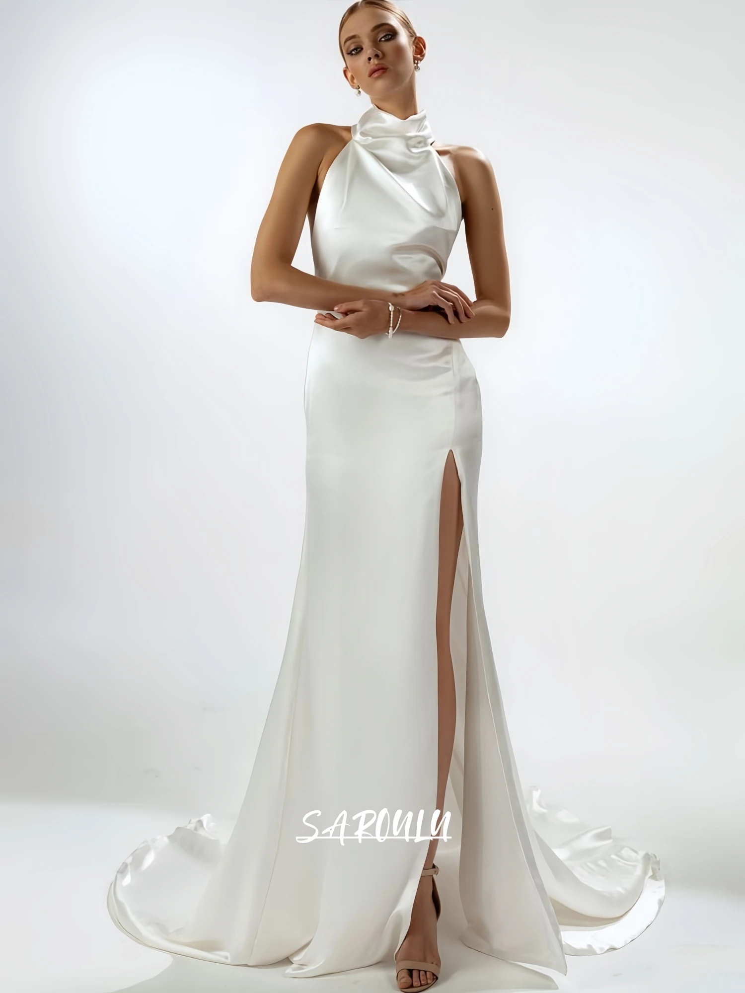 

Chic Silky Satin Bride Dress, Reception Destintion Simple Wedding Dress Halter Sheath Long Bridal Gown Customized Wed Gowns